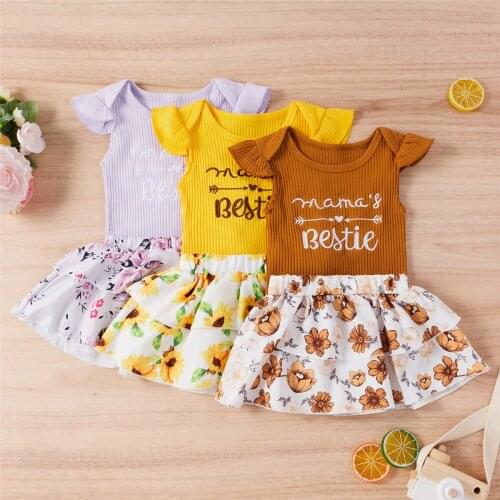 2021 0-24M Casual Infant Girl Clothing Letter Embroidery Short Sleeve Knitted Romper+Floral Print Laryed Tutu Shorts Skirt 2pcs