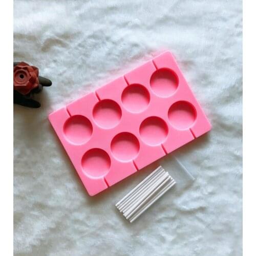 8 Pink DIY Round Lollipop Silicone Mold With Stick Kitchen Tools Confectionery Equipment Candy Chocolate Mold For Children