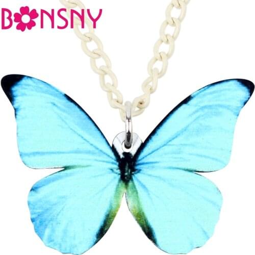 Bonsny Acrylic Big Morpho Menelaus Butterfly Necklace Pendant Long Chain Insect Animal Jewelry For Women Girls Gift Accessories