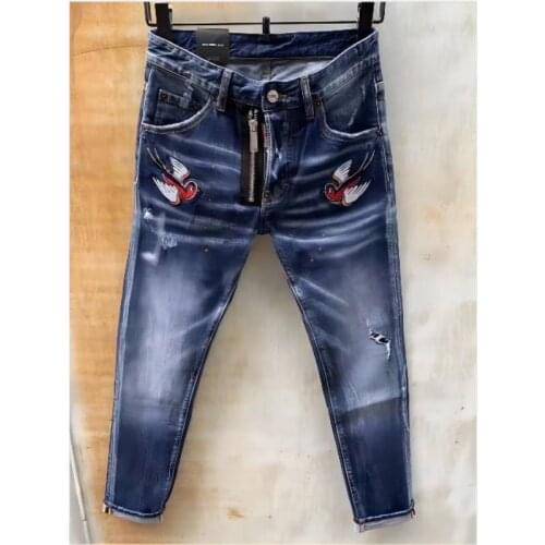 Mens Slim Micro-elastic Paint Hole Jeans 9115