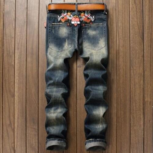 Big size 28-38 New Blue Jeans Men Fashion Floral Embroidery Slim Fit Straight Jeans Hombre Casual Flower Pattern Punk Jeans