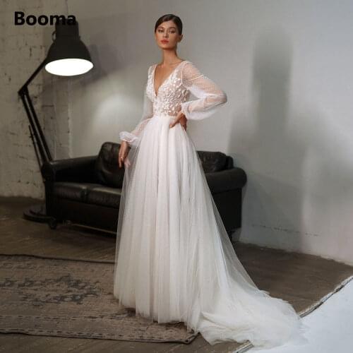 Elegant Long Sleeves Wedding Dresses 2020 Deep V-Neck Dot Tulle Illusion Bride Dresses Lace Appliques A-Line Long Wedding Gowns