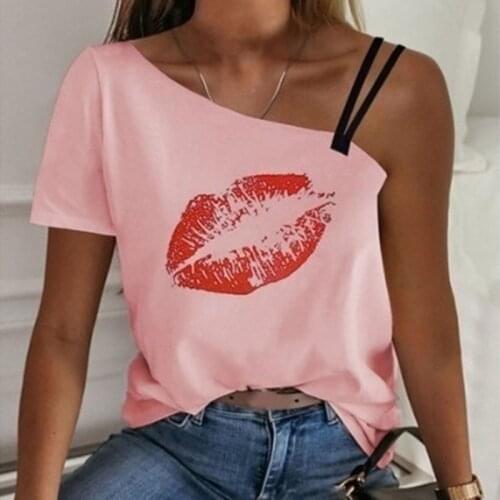 Red Print T Shirt Irregular Off Shoulder T-shirt Sexy Breathable Mature Streetwear All-match 2020 New Summer Fashion Tops