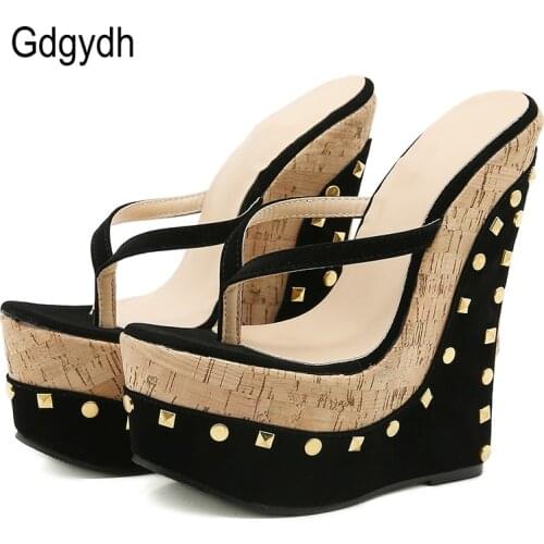 Gdgydh 2021 Summer Women Flip Flops Thick Platform Wedges High Heeled Female Sandals Black Flock Rivets Ladies Slippers Outside