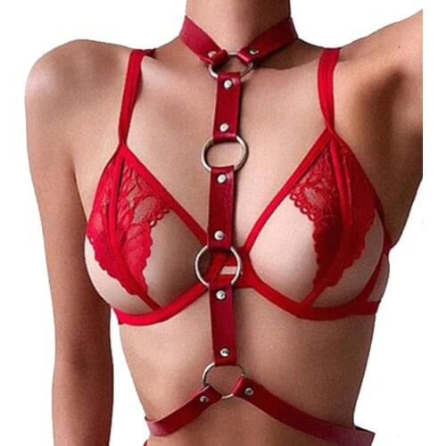 Goth Leather Red Chest Harness Women BDSM Lingerie Harness Bra Cage Body Bondage Erotic Sexy Suspender Waist Garter Strap Fetish