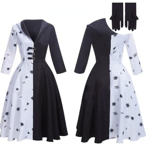 Movie 101 loyal dog cos black and white witch Kuila Deville cosplay dress stage costume