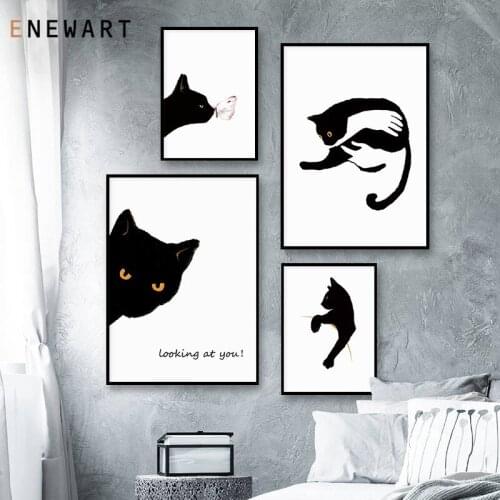 Cat Butterfly Posters and Prints Wall Art Canvas Painting Nordic Poster Black White Animals Wall Pictures for Living Room Decor