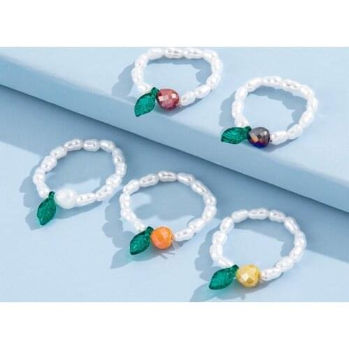 Fashion Pearl Crystal Beads Fruit Rings Set for Women Cute Party Wedding Rings Simple Jewelry Gifts