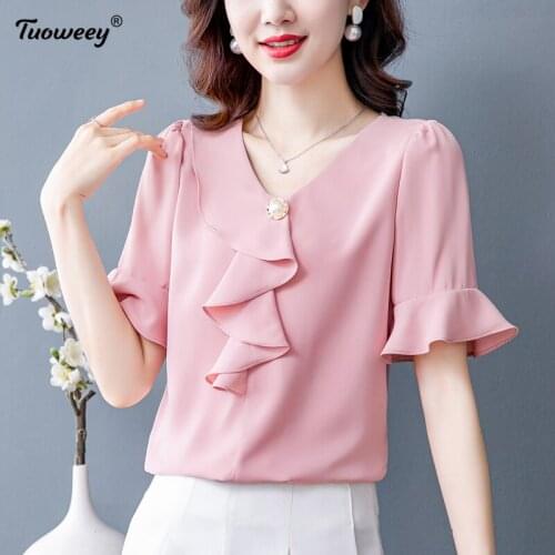 Fashion OL solid Chiffon v neck Blouse Shirt Loose Tops Tee Casual Summer Ladies Female Women short Sleeve Blusas Pullover