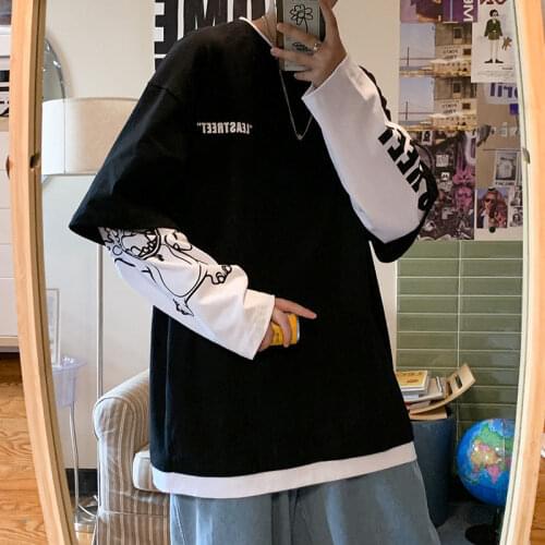 Fake two-piece couple hip-hop casual long-sleeved T-shirts for men and women in spring and autumn