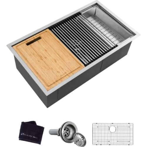 Single Bowl Undermount Rectangular Handmade Large Size 32 Inches Stainless Steel Kitchen Sink Integrated Ledge and Accessories