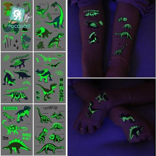 Rocooart Glowing in the Dark Tattoo Sticker Cartoon Animal Dinosaur Cool Luminous Temporary Tattoo Fake Taty For Boy Children