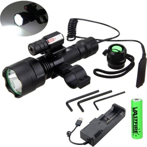 LED Tactical Flashlight Hunting Weapon Light Rifle Airsoft+Laser Dot Sight+Pressure Switch+20mm Rail Barrel Mount+18650+Charger