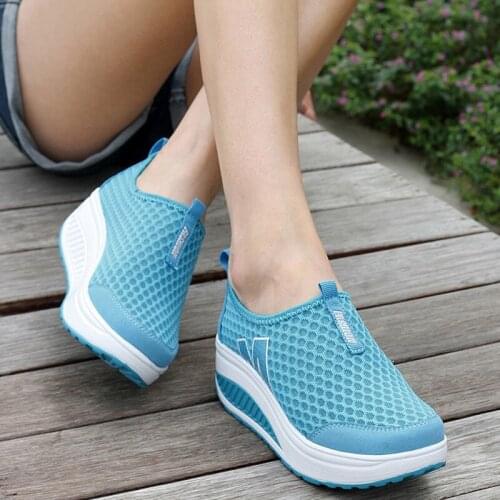 New Womens Shoes Casual Fashion Shoes Walking Platform Height Increasing Women Loafers Breathable Air Mesh Swing Wedges Shoe