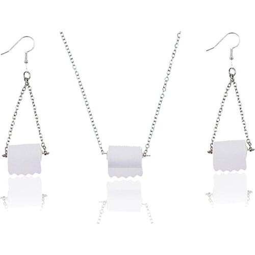 Funny Roll Paper Necklace&Earrings Set Creative Paper Towel Toilet Paper Jewelry Set For Woman Girl Personality Gift