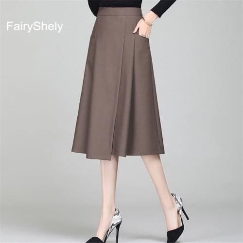 FairyShely 2021 Women Long New Spring Summer Pleated Skirt Elastic Band High Waist Skirt Knee Khaki Office Lady Skirt