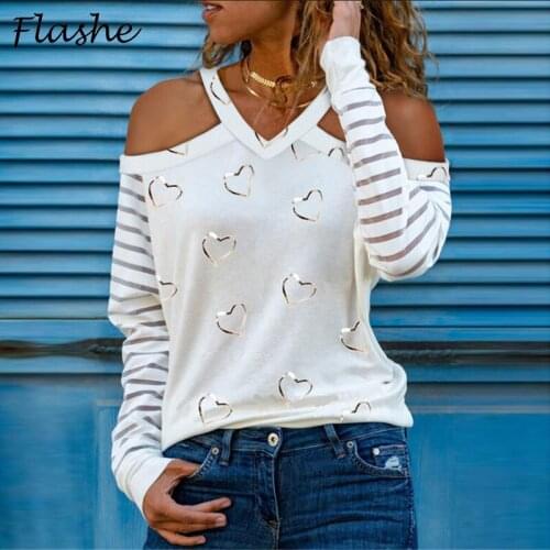 Ladies Sexy V-Neck Off Shoulder TShirt Women Hollow Out Long Sleeve Sweatshirt Spring Heart Print Halter Tops Womens T-Shirt