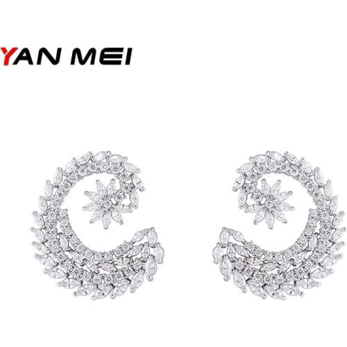 YAN MEI Women Fashion Cubic Zirconia Silver Color Round Flower Stud Earrings for Woman Accessories GLE7167