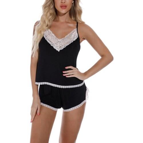Women Two-piece Nightwear Set,Female Lingerie Sleepwear Black V-neck Sleeveless Lace Hem Tops and Shorts, S/ M/ L/ XL/ XXL
