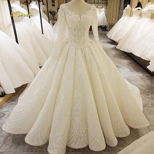 Vestido De Noiva Long Sleeve Lace Wedding Dresses 2020 Sexy Backless Scoop Neck Appliques Beaded A Line Bride Gowns