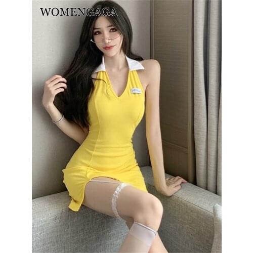 WOMENGAGA Spice Girl Skinny Hip V Neck Neck Sleeveless Vest mini Dress Female Summer Letter Hot Sexy Korean Women Dresses QR8T