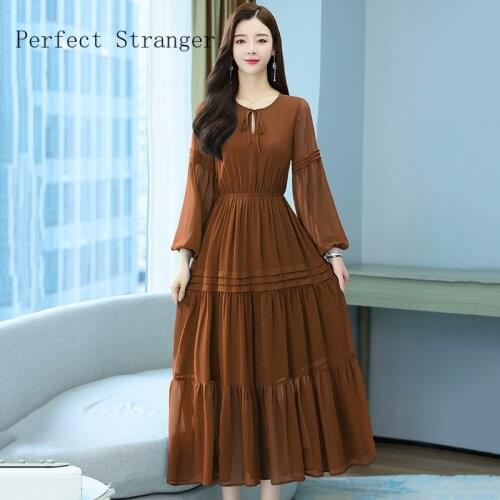 2021Autumn New Arrival Clothing For Women Round Collar Long Sleeve Women Chiffon Long Dress High Quality