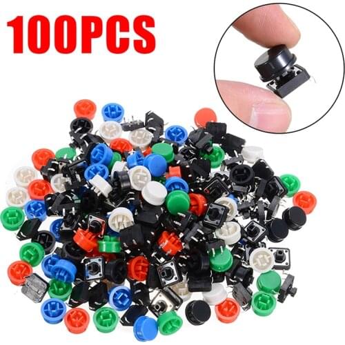100pcs Plastic Tactile Button Switch PCB Tact Push Button Momentary Switch 4 Pins + 5 Color Button Cap 12*12*7.3mm