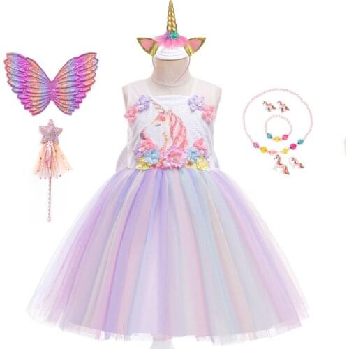 2021 Halloween Cosplay Unicorn Costume Sequined Flower Bowknot Girls Birthday Party Dress Net Yarn Princess Tutu Dresses