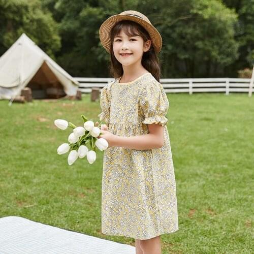 2021 Girls Dress Elegant Summer Short Sleeve Floral Print Kids Dresses for Girl Princess Costume Children Clothes 6-14 Y