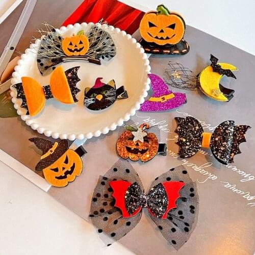 40 Pcs/Lot , Halloween Day Glitter Felt Fabric Hair Bow Clips Baby Girls Halloween Hair Clips Holiday Gift
