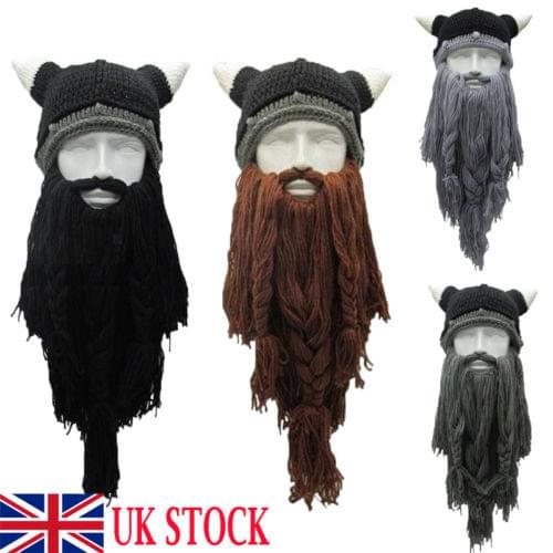 Hirigin Brand Knit Viking Beard Horn Hat Crazy Ski Cap Barbarian Beanie Halloween UK