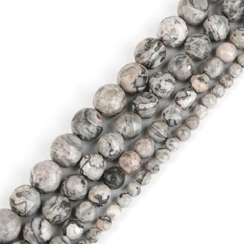 Natural Round Faceted Grey Map Stone Beads For Jewelry Making DIY Bracelet Material Necklace 4mm 6mm 8mm 10mm Strand 15.5