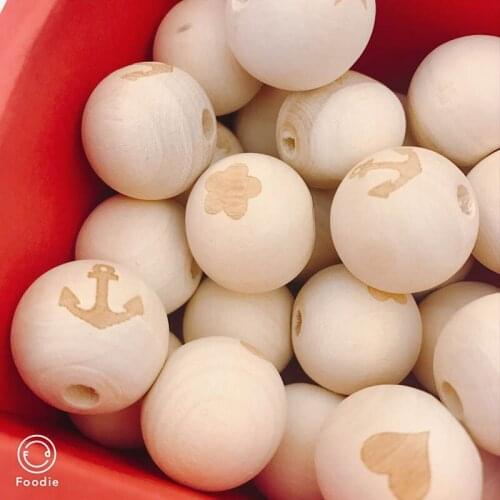 Mix Heart Star Anchor Crown Artistic Carving Natural Round Wooden Spacer Beads For Jewelry making DIY 20pcs 15mm MZ2