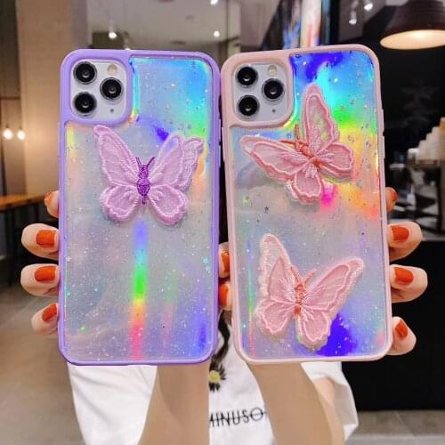 Gimfun Lace Butterfly Glitter Laser Phone Case for IPhone 11 Pro Max XS Max XR X 7 8 Plus Pink Soft Clear TPU Bumper Back Cover