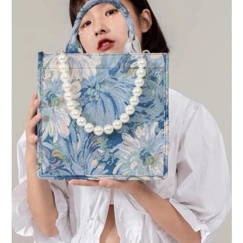 Designer Pearl strap Women Bag Canvas Fashion Totes Summer Female Travel Shoulder Bags Print Letter Women Handbag Shopping Blue