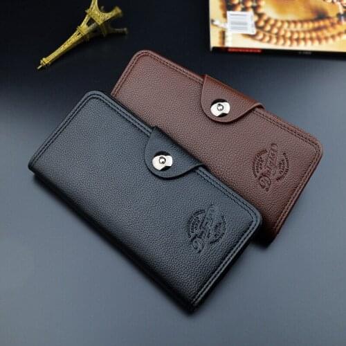 Men Long Wallet Mobile Phone Bag Male Multi Card Position Coin Purse with Buckle Lychee Pattern Soft Leather Card Case billetera
