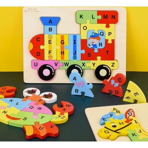 Colorful Wooden Animal Horse Rabbit Dog Shape Letter Jigsaw Puzzle Block Children Toddler English Cognition Toy