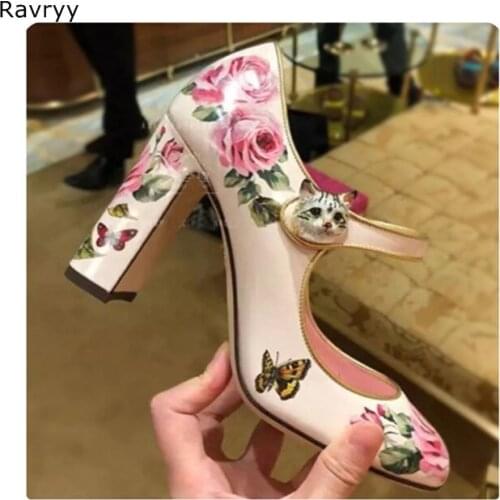 Cute Cat Womans high heels flower paint female party dress shoes sweet girls love round toe slip-on square heel single shoe