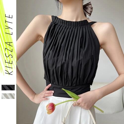 Fashion Pleated Sleeveless Blouse Women 2021 New Summer Black White Korean Blouses Shirts Sexy Tops High Street