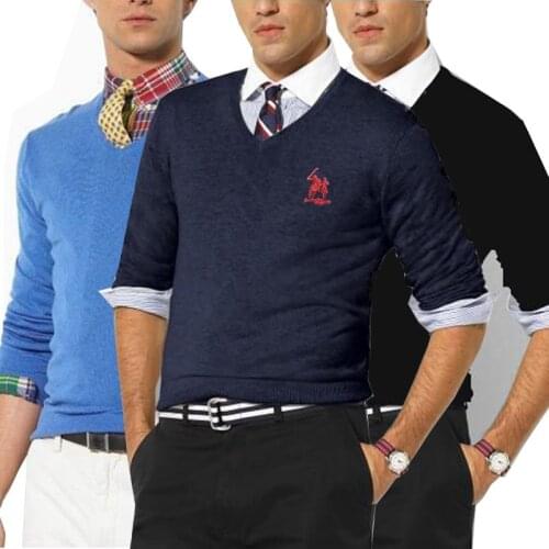 Embroidered Polo logo autumn winter 2019 mens V-Neck Sweater mens youth trend pure cotton bottoming shirt slim knit 8508