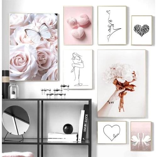 Nordic Wall Art Canvas Painting Print Pictures Living Room Decor Kissing Swan Love Heart Flower Character Line Abstract Poster