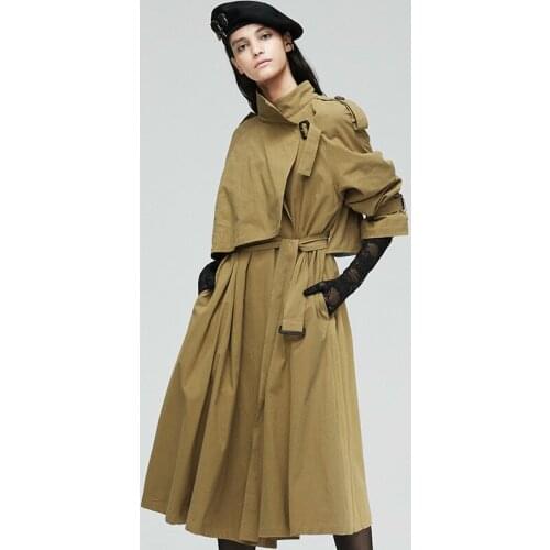 New Autumn Women Trench Coat Millet Khaki Over-the-Knee Long Outwear Over Bandage Waist Hugging Casual European Comfortable Coat