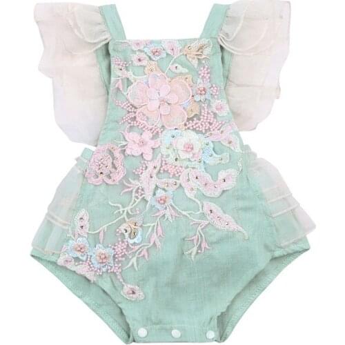 Baby Girls Casual Romper Light Blue Sleeveless Square Collar Lace Floral Embroidery One-piece Jumpsuit Backless Cotton Romper