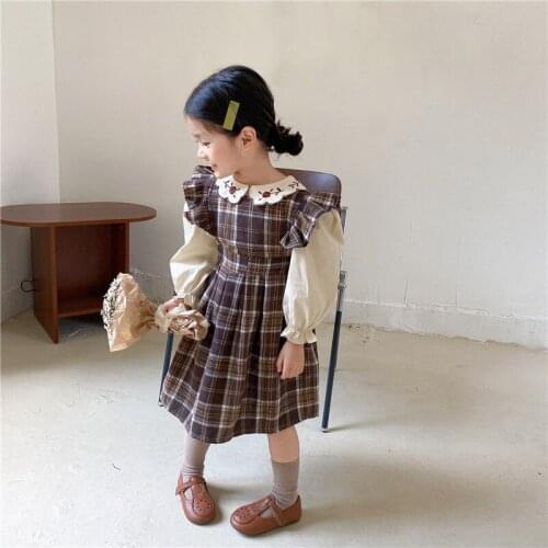 21 Autumn and Winter Girls Plaid Flying Sleeves Dress Baby Girl Korean Style Wooden Ear Suspender Dress