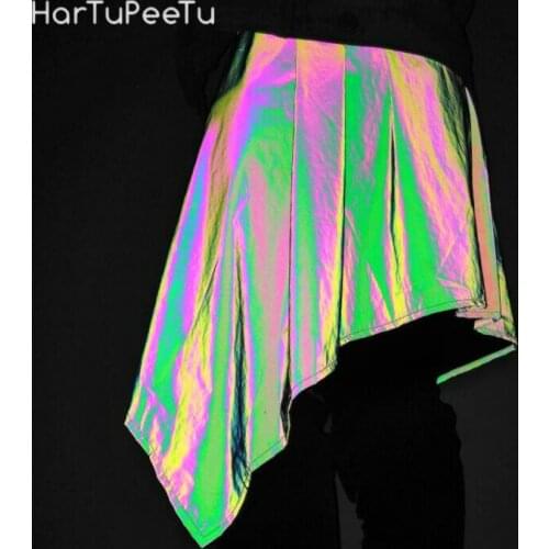 Rainbow Girls Mini Skirt Peplum Reflective Light Unisex Hip Hop Rock Outside Cover Irregular Disco Club Dark Gray with Lace Up