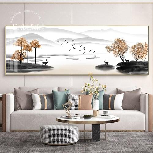 Embelish Chinese Style Trees And Deer Landscape HD Canvas Paintings For Living Room Modern Home Decor Wall Art Pictures Posters