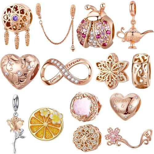 Wostu Hot Sale Charms 925 Sterling Silver Gold Color Rose Flower Ladybug Making Original Beads Silver 925 Jewelry Gift