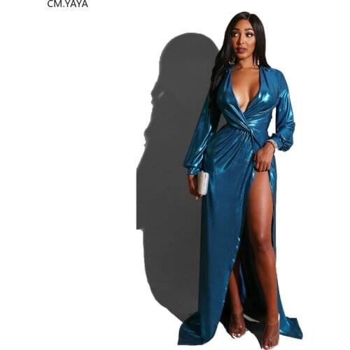 2020 New Spring Summer V-Neck Long Sleeve Solid Dress Sexy Hot Stamping Night Club Wear Party Maxi Open Fork Long Dresses GL203