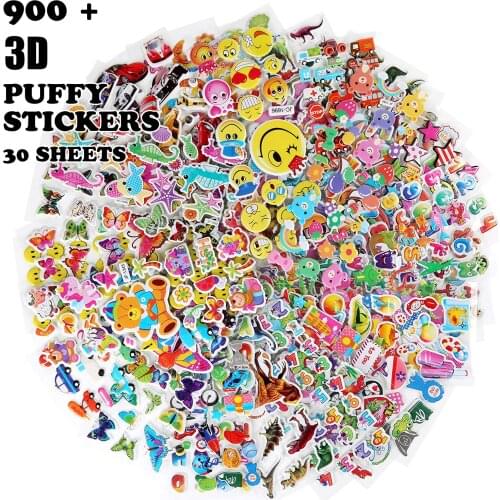 10/20/30/40 Sheets 3D Cartoon DIY Stickers Waterproof Bubble PVC Sticker Animal Car Girls Boys Kids Children Gifts