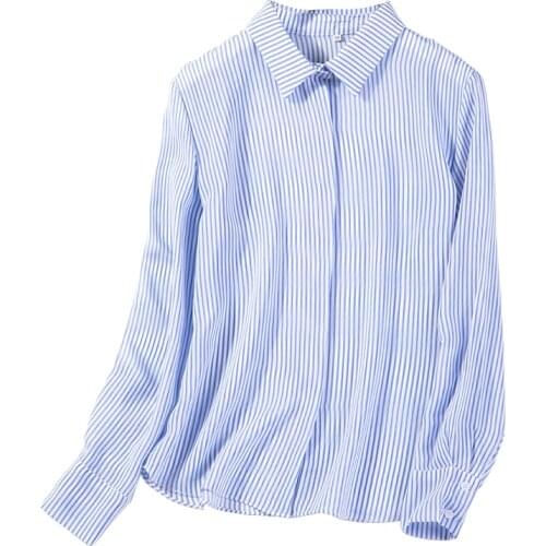100% natural silk Blouses Striped Print Long Sleeve Real Silk Chiffon Blouse Tops for women Casual Shirts Striped Blouses